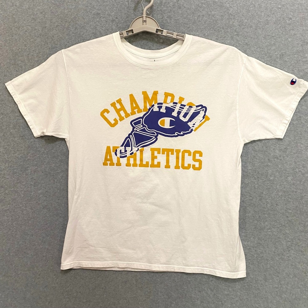 CHAMPION Athletics Men's Large Graphic T-Shirt Sports White Gold Logo Tee